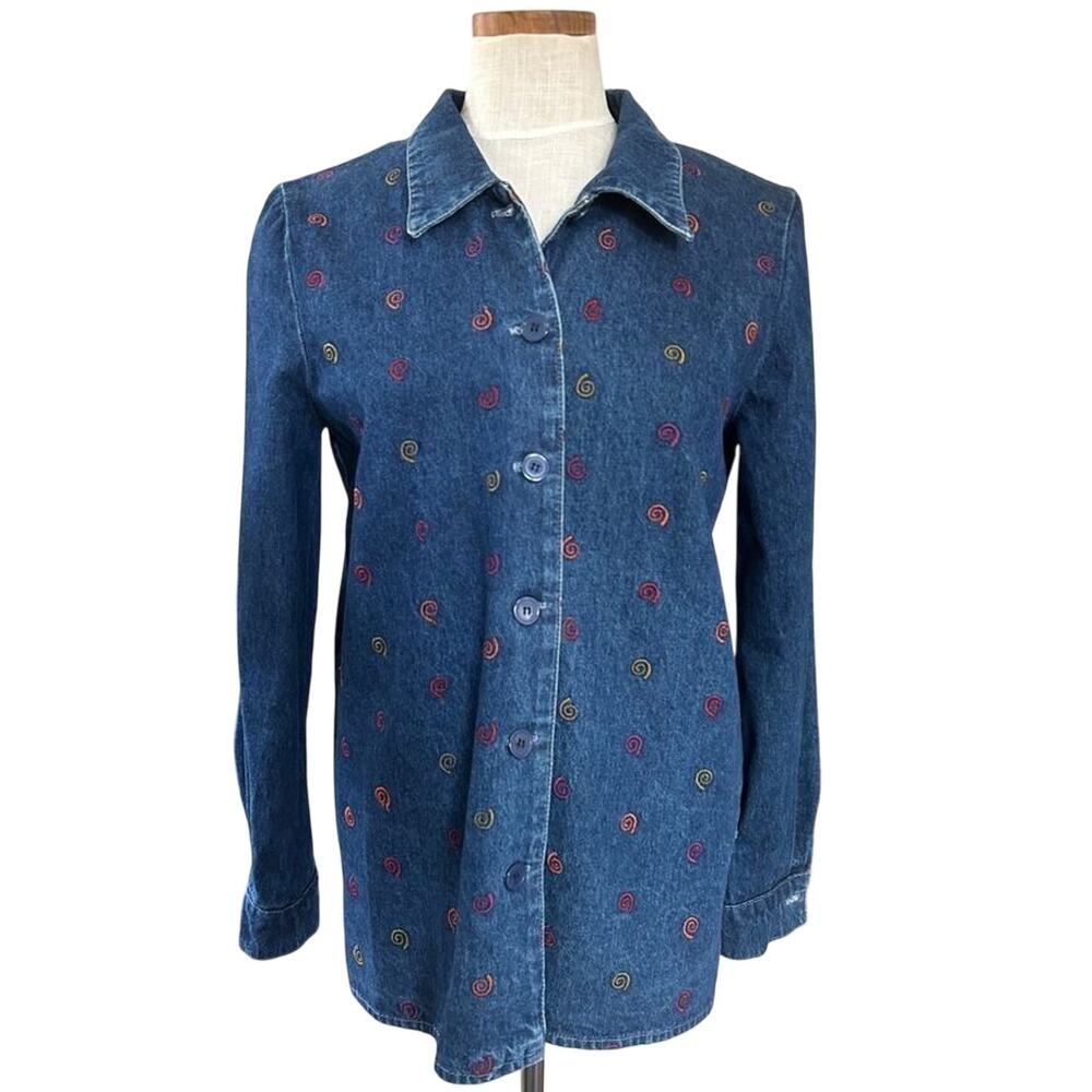 Vintage 90s Embroidered Swirl Denim Button Shirt M Colorful Cottage Whimsical